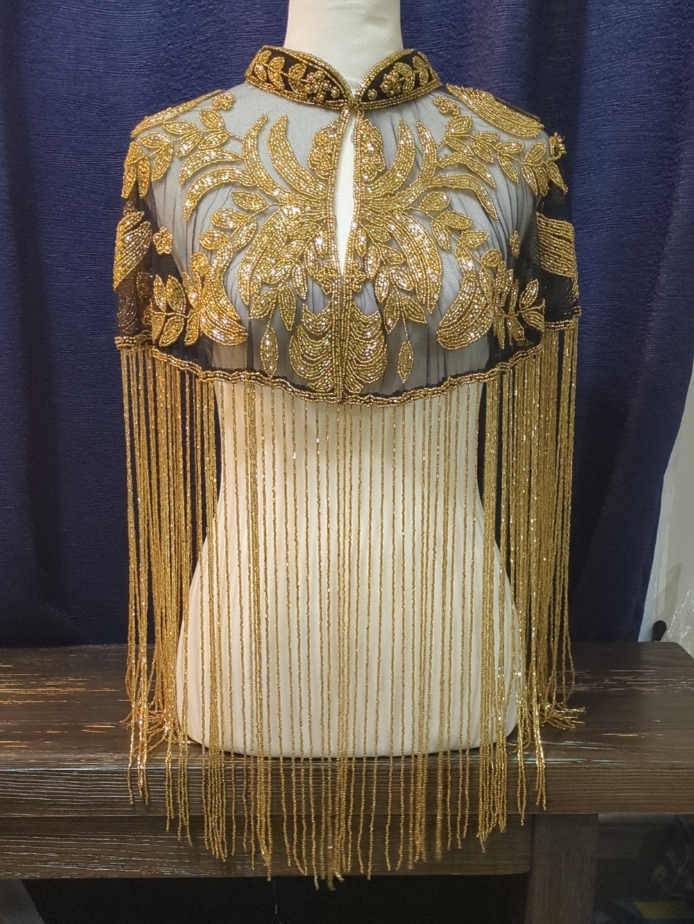 Black Gold Beaded Fringe Capelet Art Deco Gatsby Flapper Shawl - Picture 2 of 16